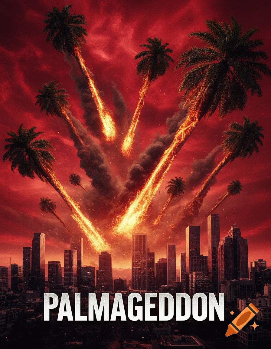 Dramatic cinematic movie poster for "Palmageddon" with fiery palm trees falling like meteors onto a city under a red apocalyptic sky.