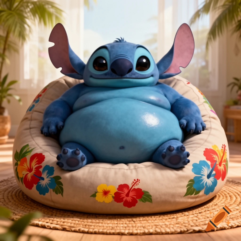 Hyper-realistic, very obese Stitch from Lilo & Stitch sits on a floral bean bag in a bright, tropical room.