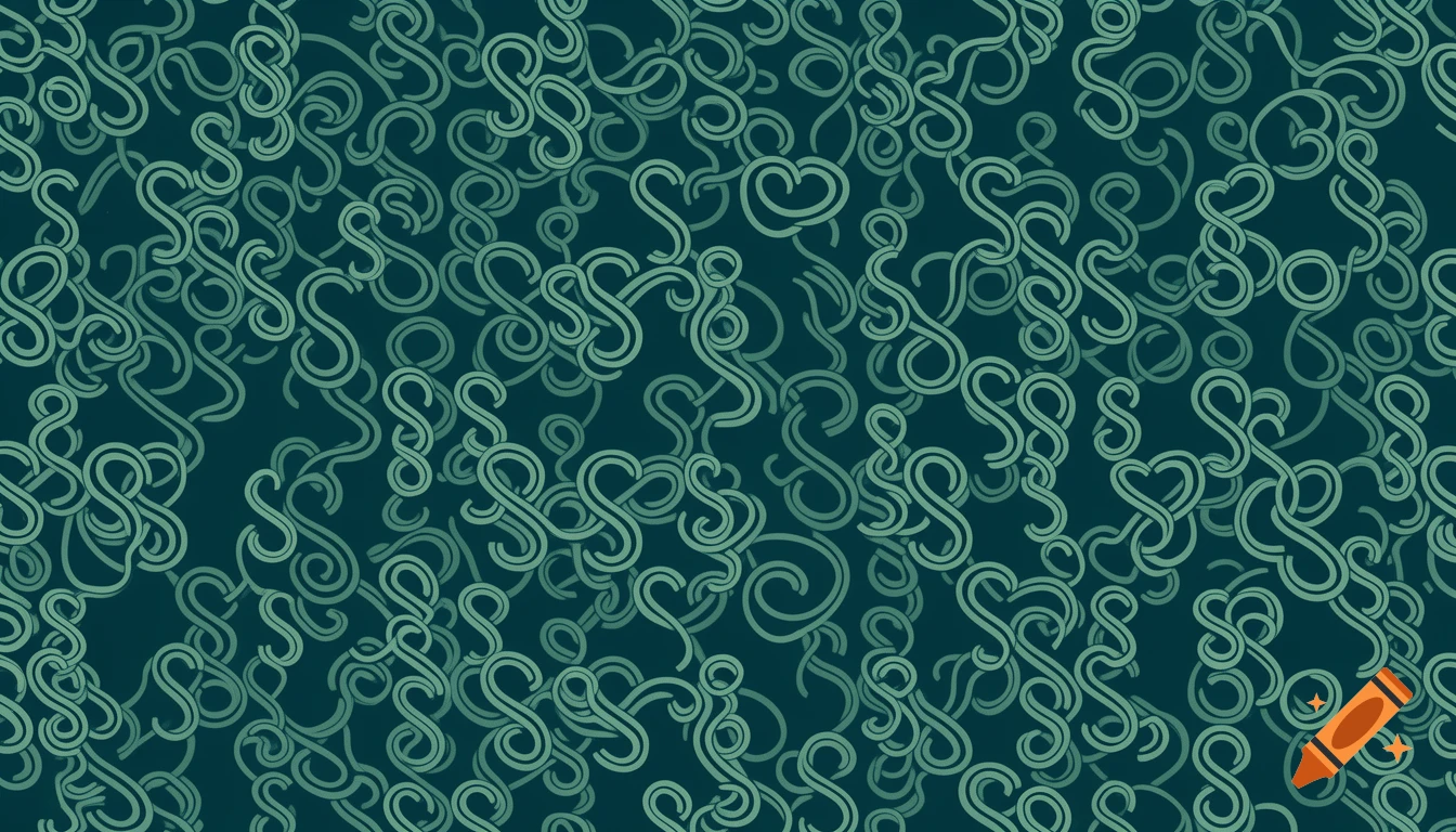 Repeating abstract pattern of intertwined, stylized S-shapes in muted mint and soft sage on a deep teal background.
