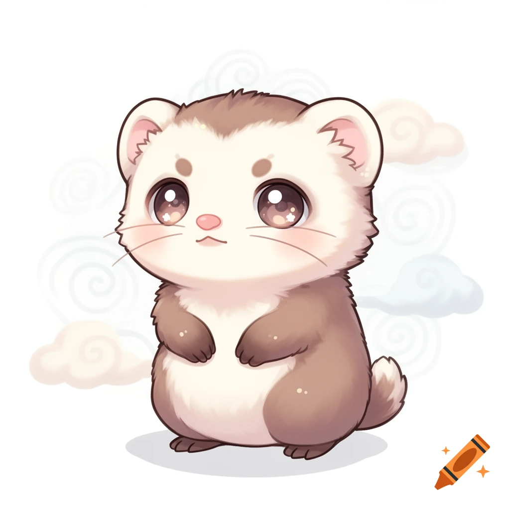 A cute, brown and white chibi ferret cartoon with big sparkling eyes, standing in front of subtle swirling clouds.