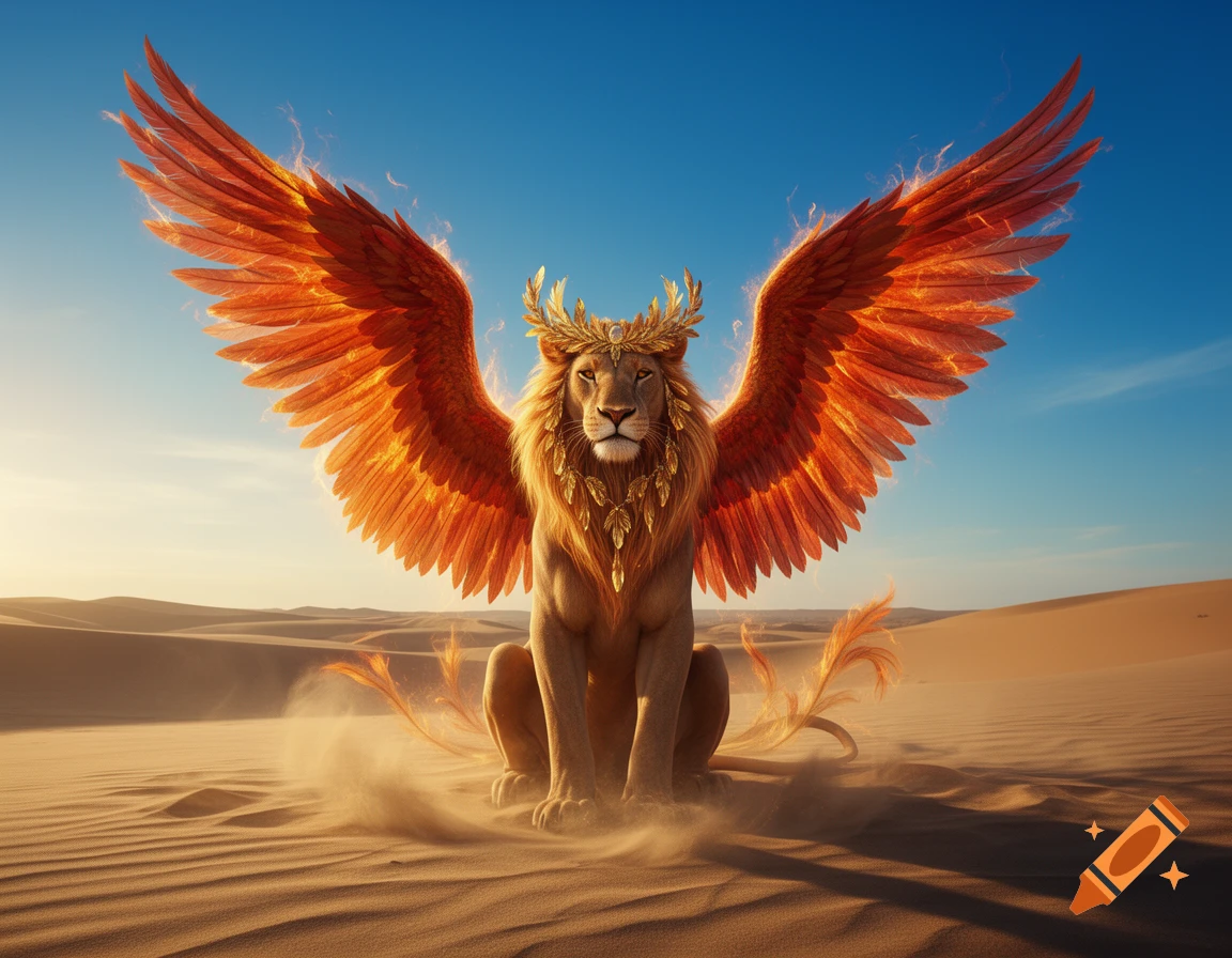 A majestic winged lion with fiery orange wings and a golden wreath sits in a sunlit desert, stirring sand.