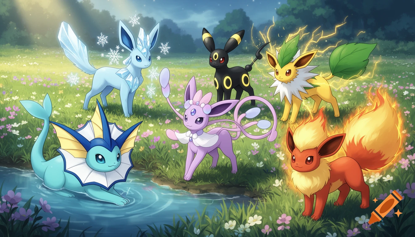Several colorful Pokémon, including Vaporeon, Glaceon, Umbreon, Sylveon, Leafeon, and Flareon, are in a vibrant meadow by a stream.