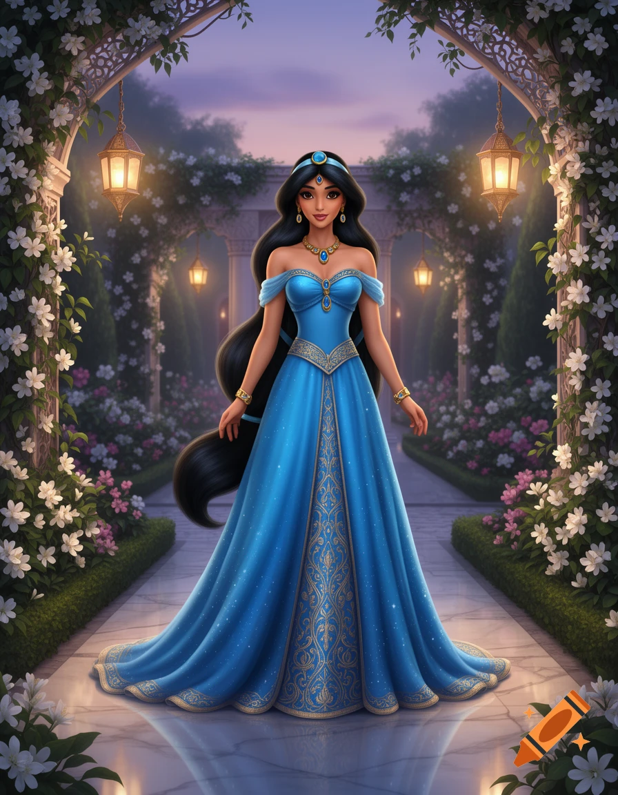 Princess Jasmine in a sparkling blue gown with gold embroidery, standing under a white floral archway in a magical garden.