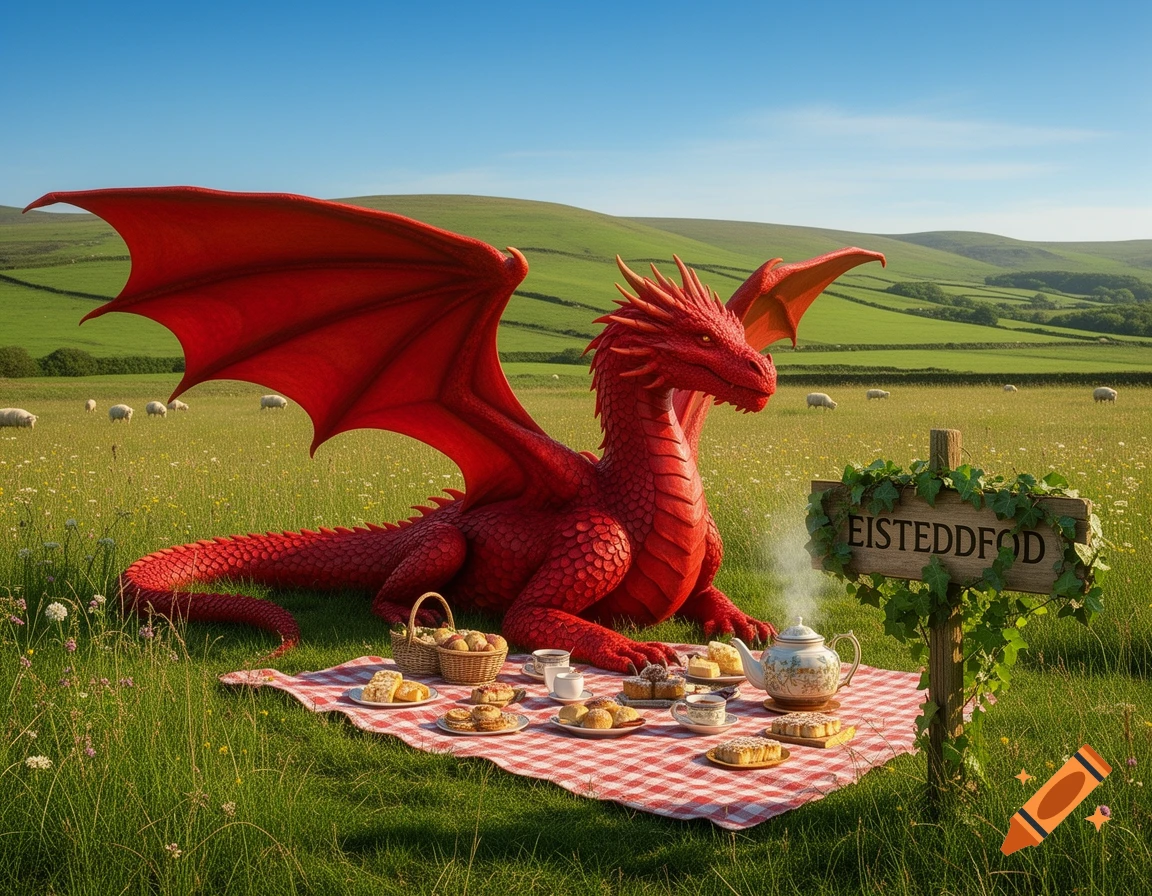 A photorealistic red Welsh dragon sits on a checkered picnic blanket in a grassy field with sheep, food, and a sign reading 'EISTEDDFOD'.