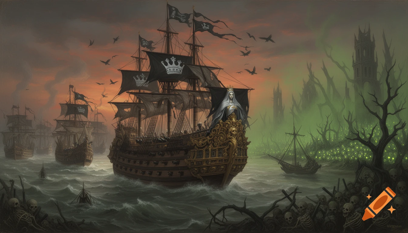 A dark fantasy painting of a fleet of ships with black and silver crown banners sailing on stormy seas under an orange sky. On the right, a cursed green coast with dead trees, ruined towers, and glowing eyes. Skeletons are in the foreground.