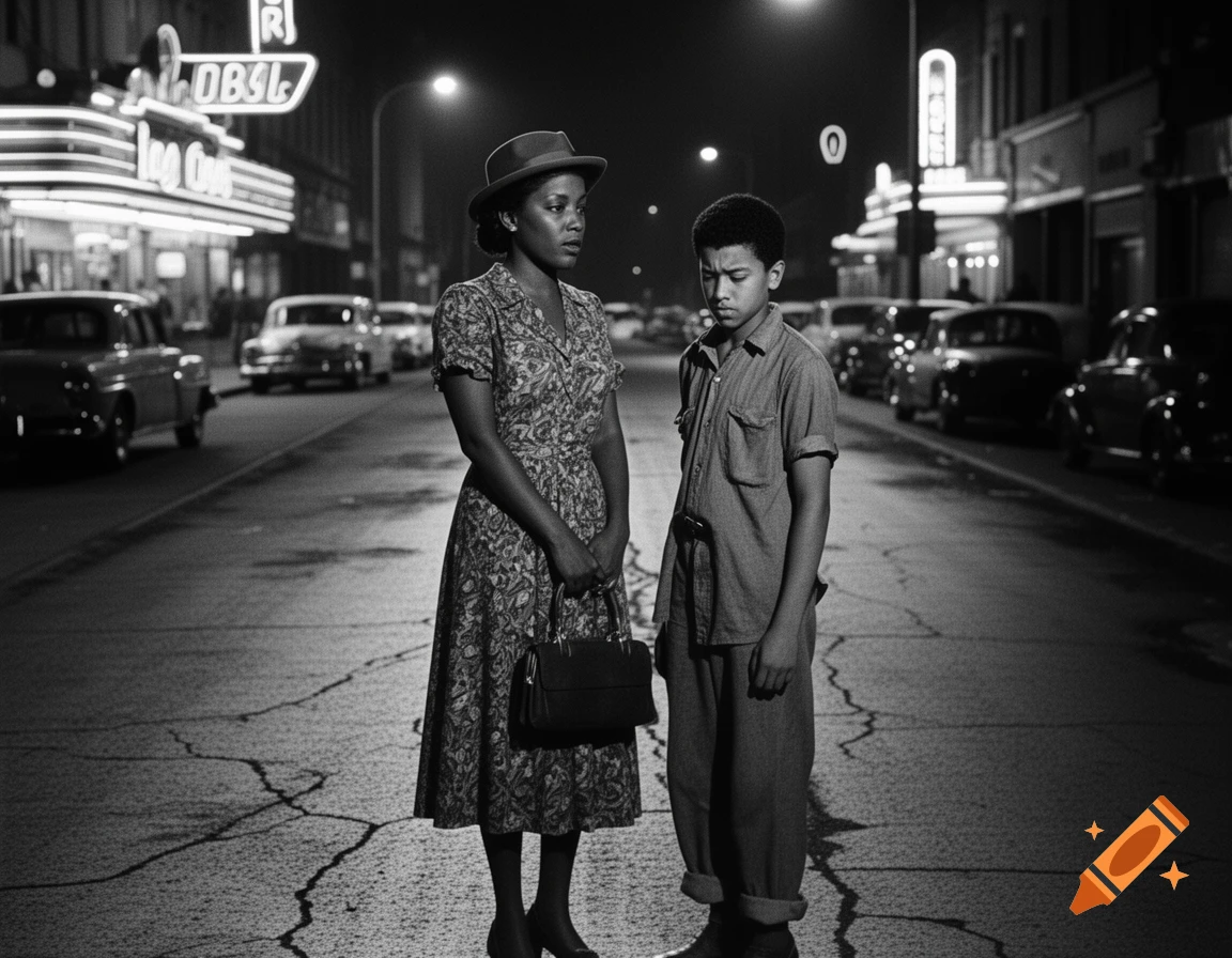 Black woman and boy stand on a cracked street at night, with glowing neon signs and vintage cars in background. Black and white photorealistic.
