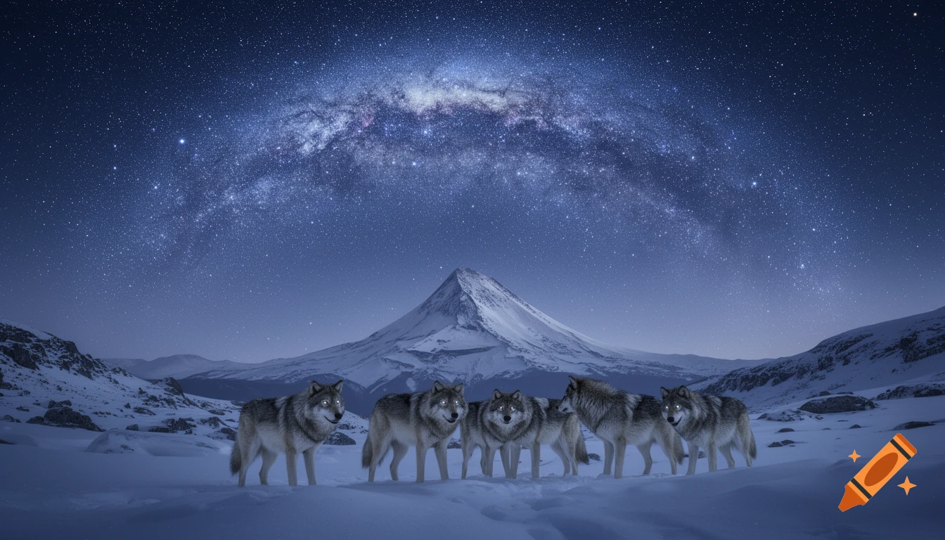 A pack of wolves stands in a snowy landscape at night, with a snow-capped mountain and the Milky Way under a starry sky.