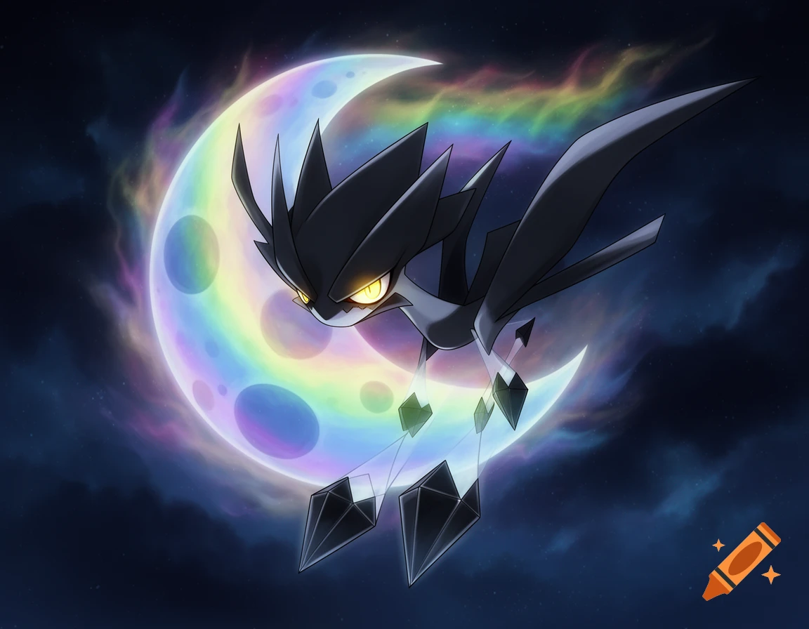 Dark, spiky bird-like creature with glowing yellow eyes in front of a rainbow crescent moon in a dark night sky.