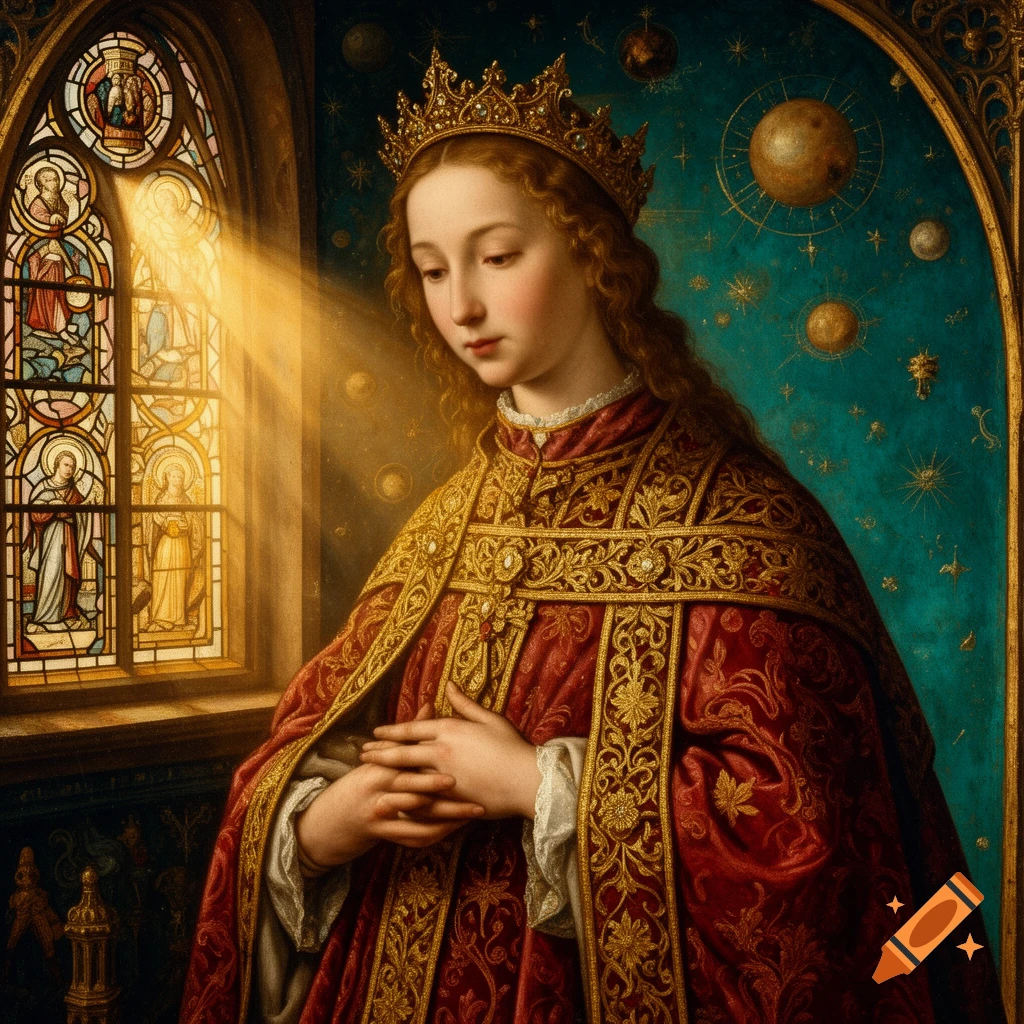 Crowned woman in ornate red and gold robes by a sunlit stained-glass window and celestial mural, classical painting style.