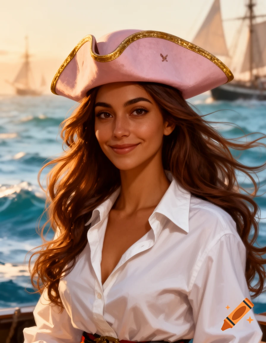 Stylized digital art portrait of a smiling woman in a pink pirate hat and white shirt on a boat at sea, with sailing ships at sunset.
