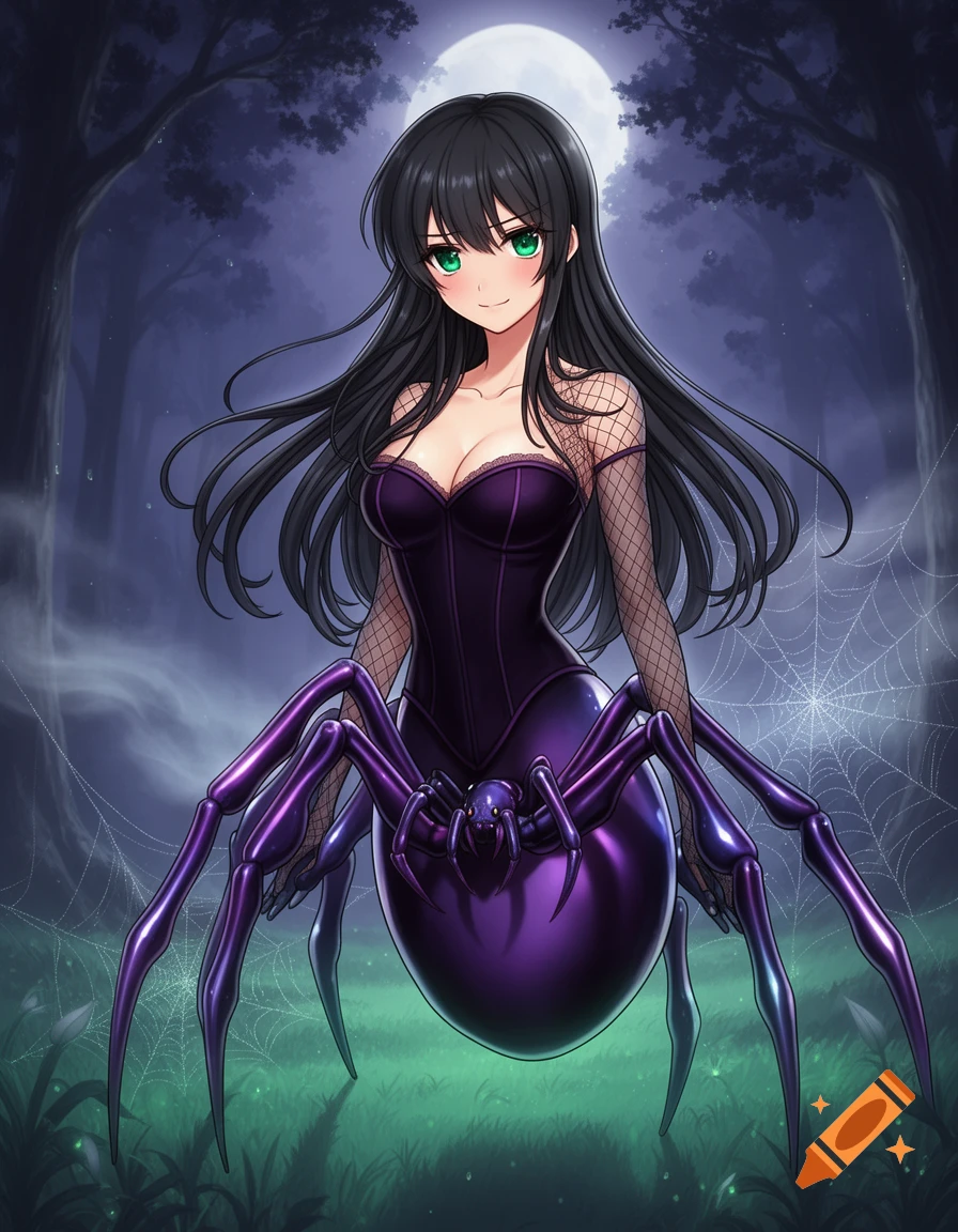 An anime spider woman with black hair and green eyes, wearing a purple corset, stands in a moonlit forest with spiderwebs.