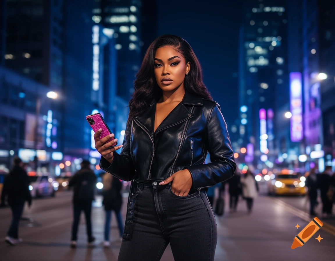 Stylish woman in a leather jacket holds a pink, sparkling phone, standing on a neon-lit city street at night. Photorealistic style.