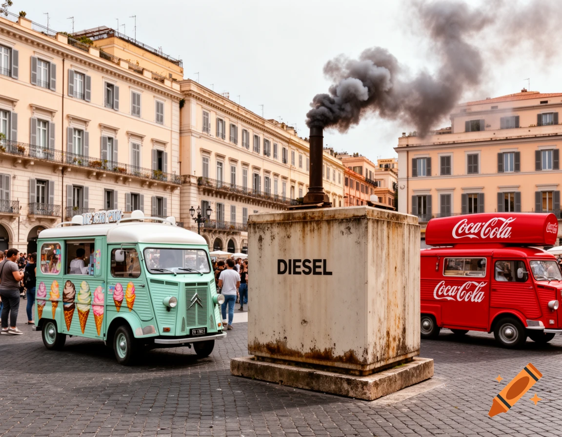 A street scene featuring a light green ice cream van and a red Coca-Cola van, with a large block labeled "DIESEL" emitting dark smoke.