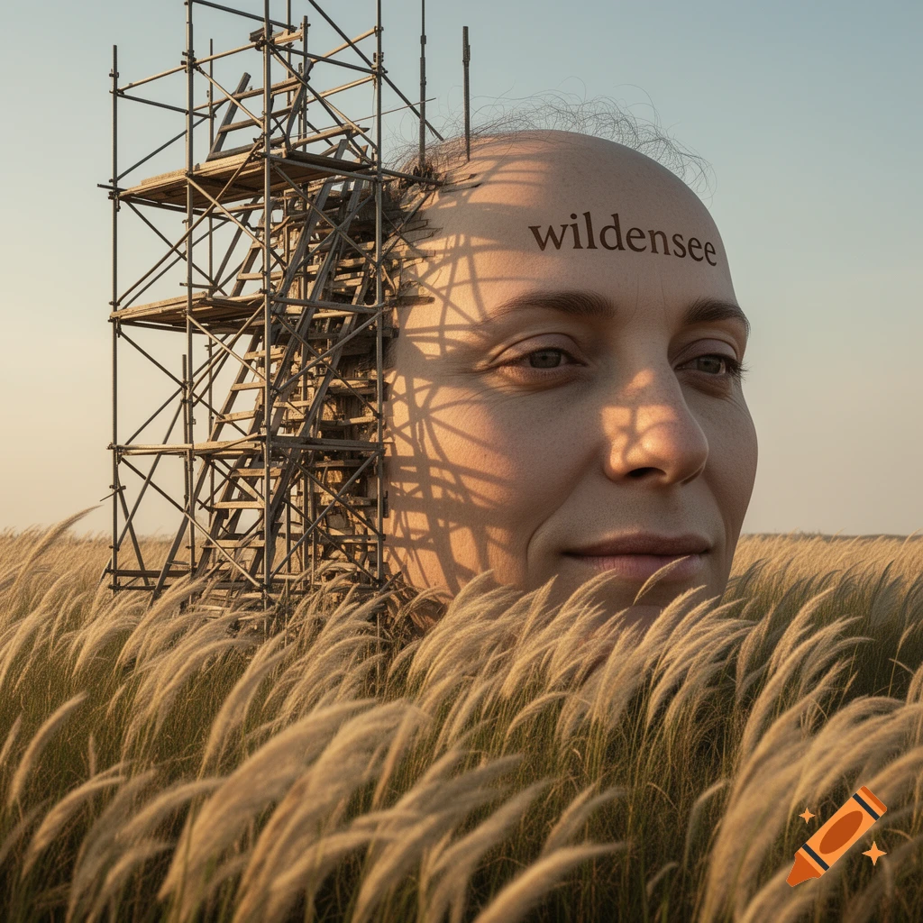 A large photorealistic face with scaffolding on its side emerges from tall golden grass, with the word 'wildensee' on its forehead.