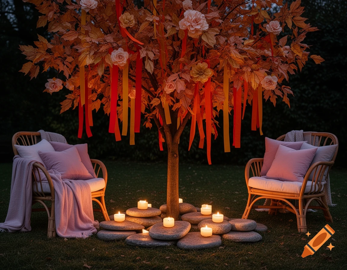 A decorative tree with autumn leaves, ribbons, and paper flowers, surrounded by LED candles on stones, flanked by two rattan armchairs with pink cushions at dusk.