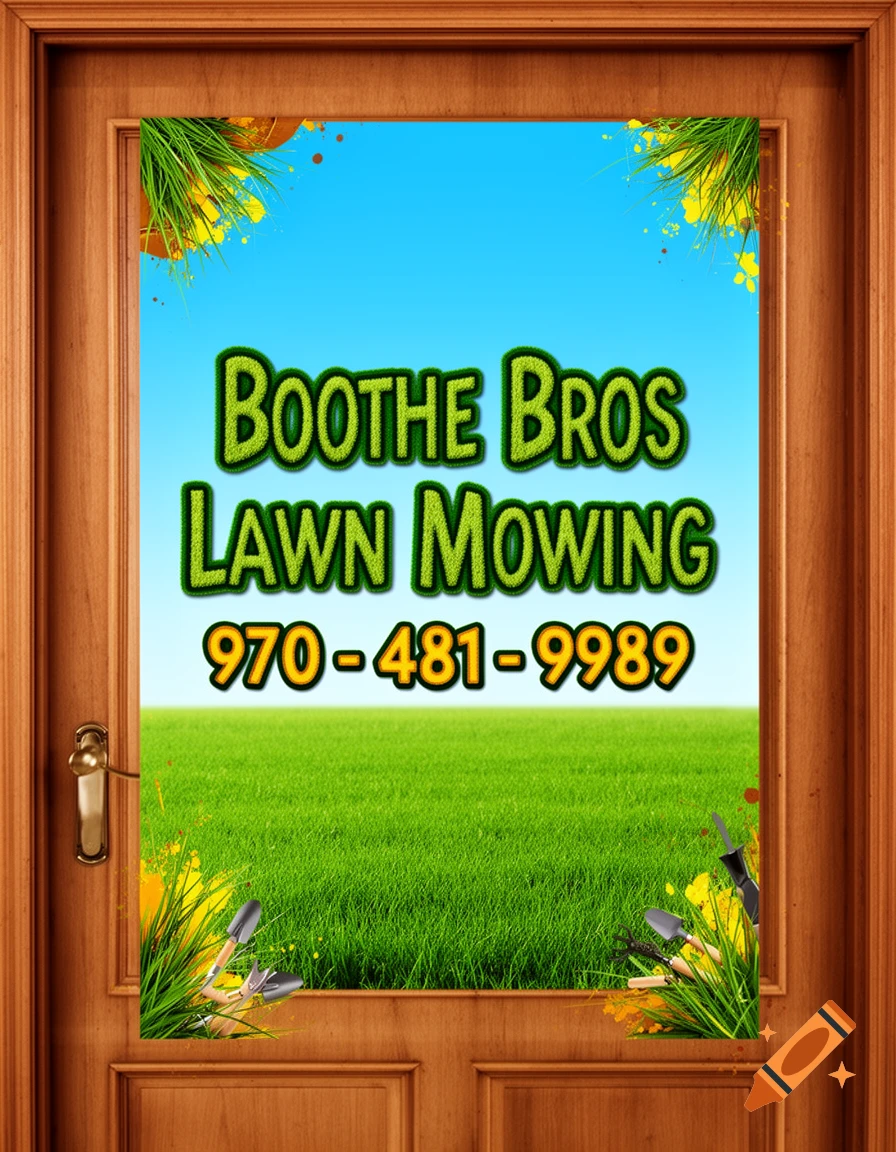 A campaign sign for 'Boothe Bros Lawn Mowing' with a phone number, displayed on a wooden door against a green field and blue sky.