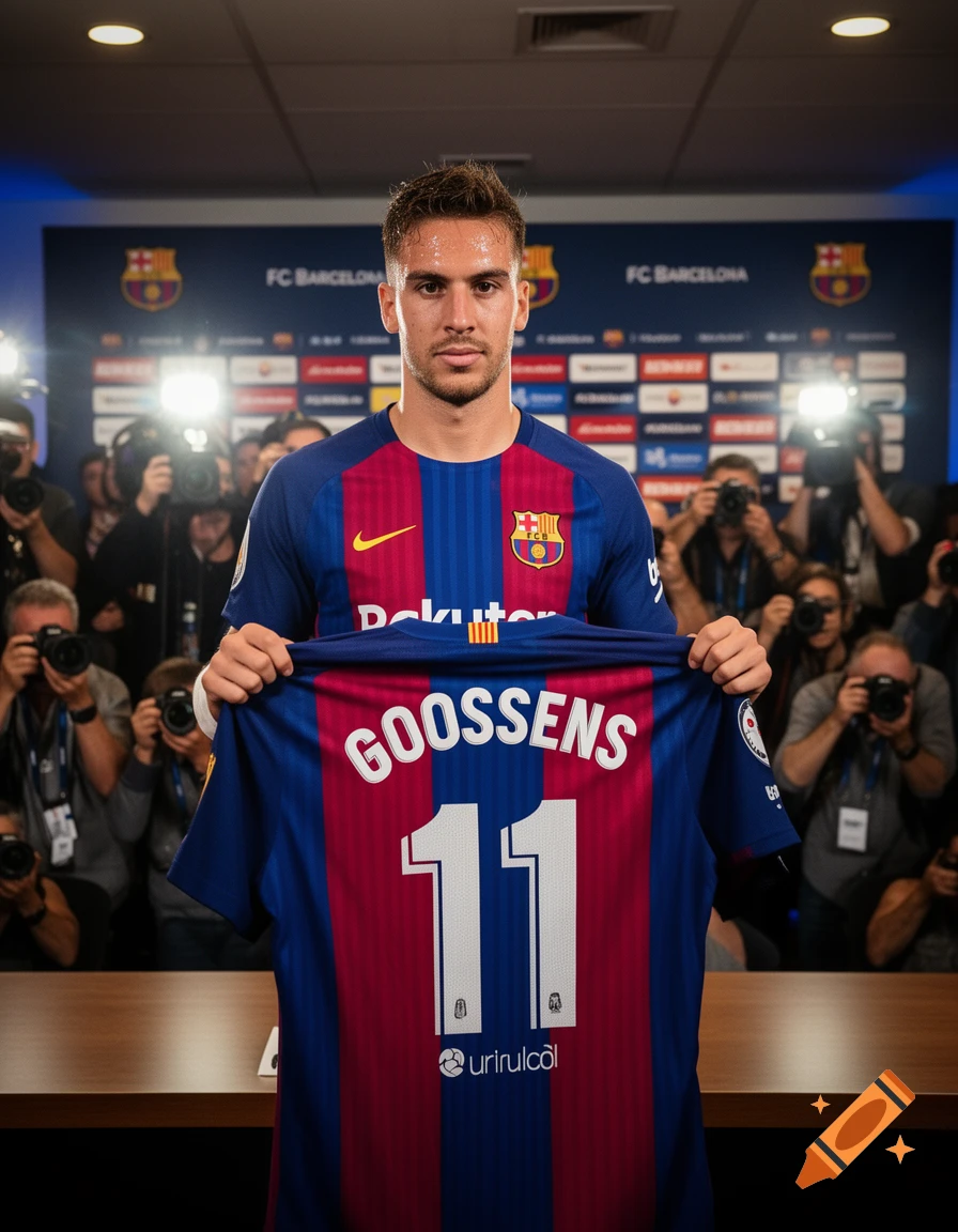 A male soccer player in a blue and red striped jersey holds up another jersey with "GOOSSENS" and "11" on it during a press conference, with photographers in the background.