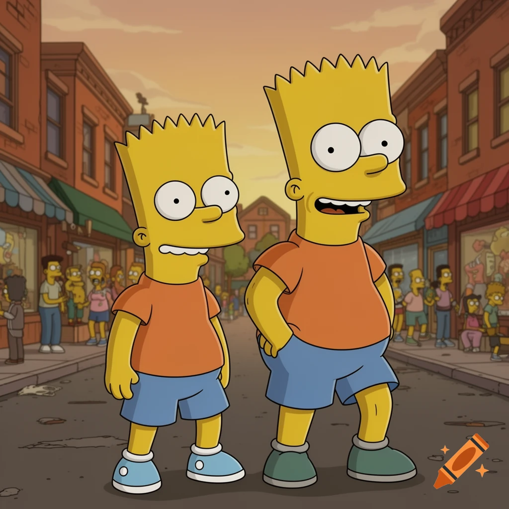 Two characters in The Simpsons style, resembling Bart Simpson, stand on a street in a cartoon town.