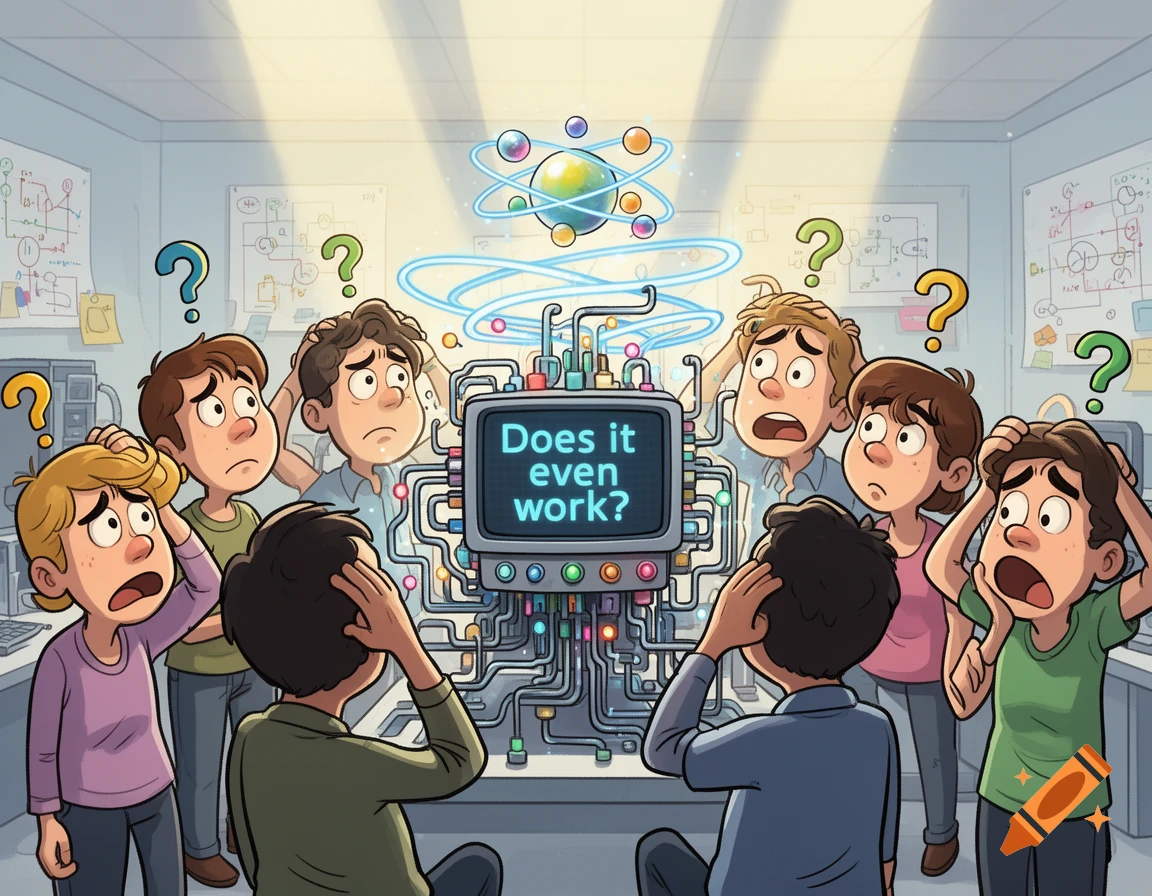 A cartoon shows several puzzled people gathered around a complex quantum computer displaying the text 'Does it even work?' in a science lab.