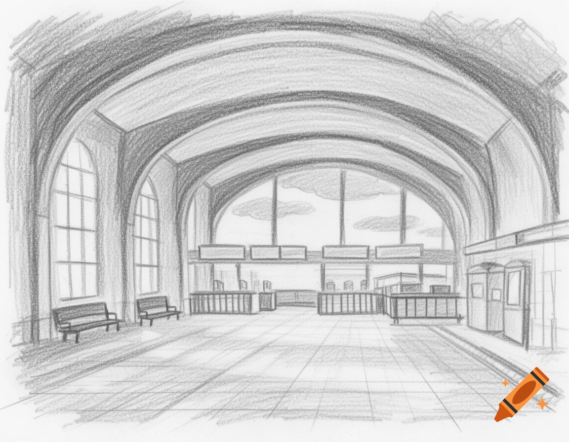 A naive pencil sketch of an empty, arched train station hall with large windows and benches.