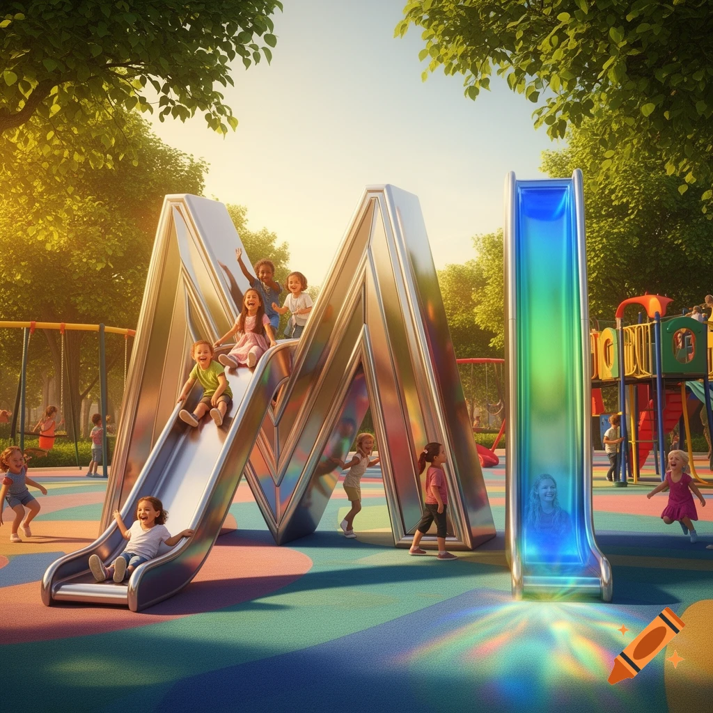 Children play on M and I shaped slides in a sunny park with other playground equipment.