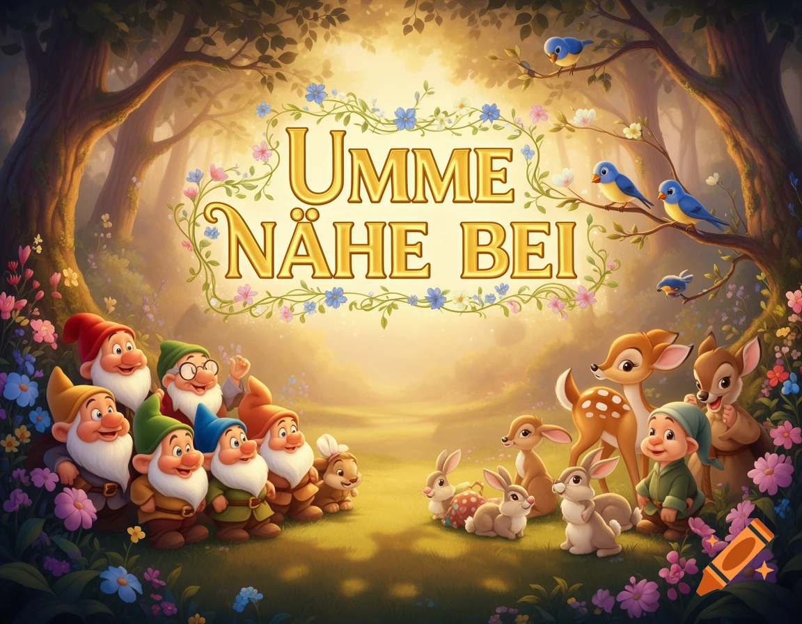 Vibrant cartoon of dwarves and forest animals, including deer and bunnies, in a sunny forest with 'UMME NÄHE BEI' text.