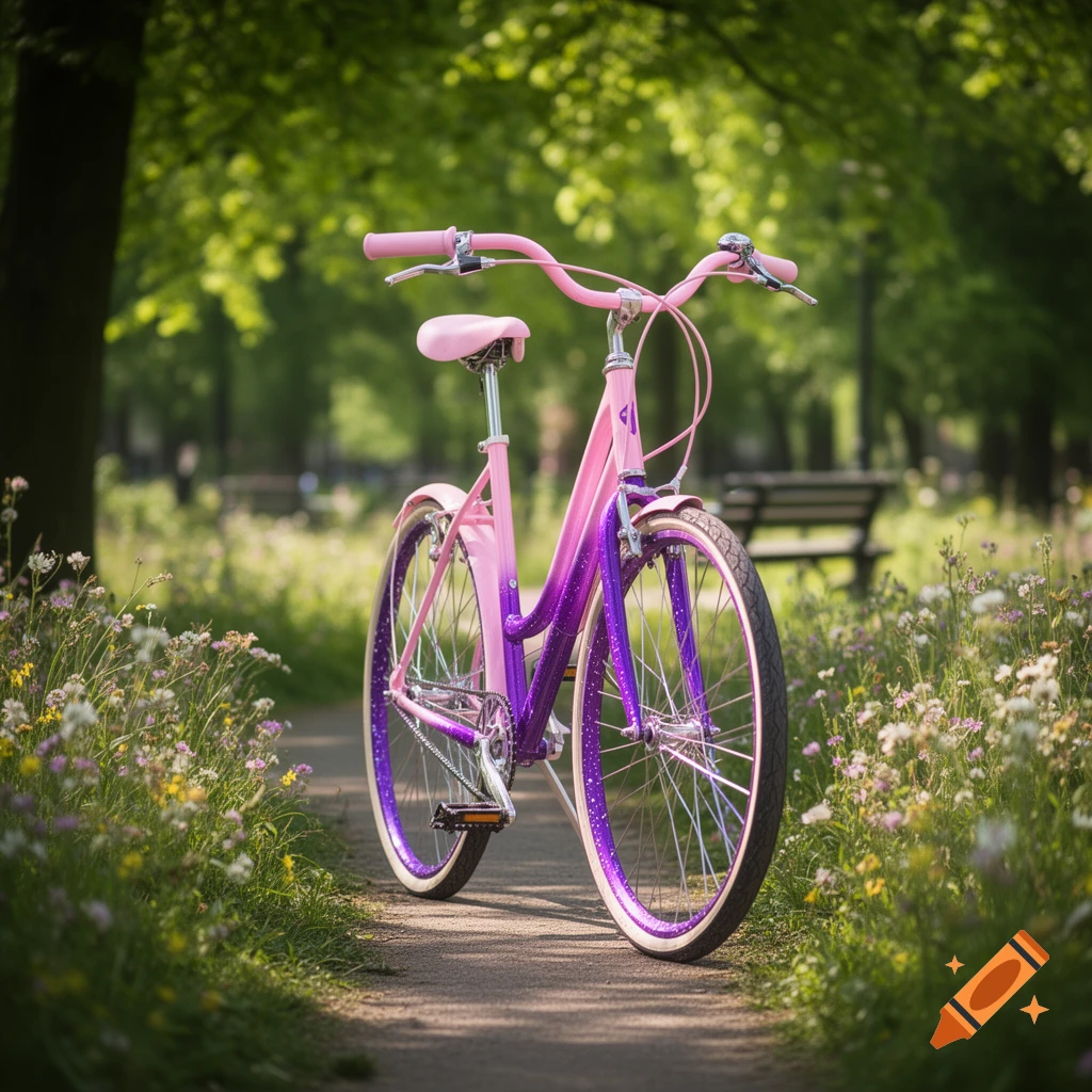 A pink and purple bicycle stands on a path lined with wildflowers in a sunny park with green trees, photorealistic.