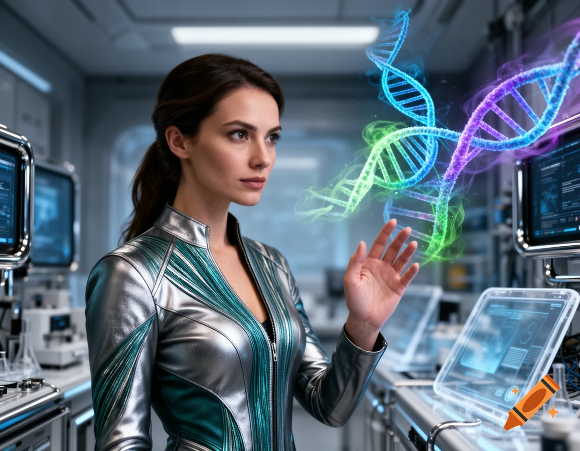 A woman in a futuristic silver and teal suit interacts with a glowing holographic DNA strand in a lab.