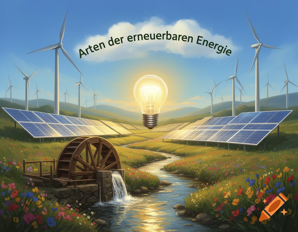Cartoon landscape showing renewable energy: wind turbines, solar panels, a water wheel, and glowing lightbulb. Text "Arten der erneuerbaren Energie".