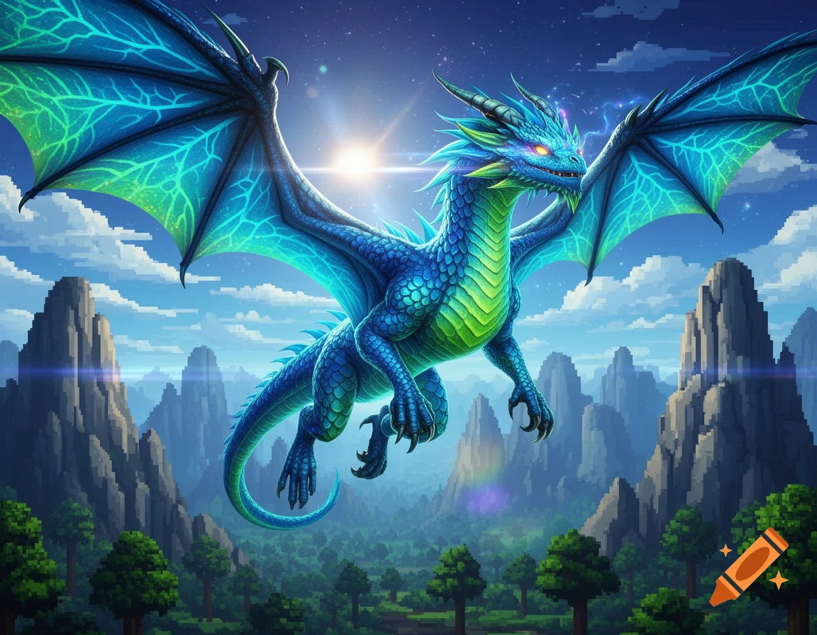 A vibrant blue and green dragon with glowing eyes soars above a pixelated landscape of mountains and forests under a bright sun.