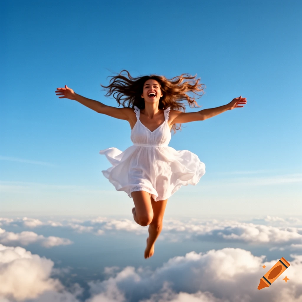 A young woman in a white dress joyfully jumps above clouds with her arms spread wide under a blue sky.