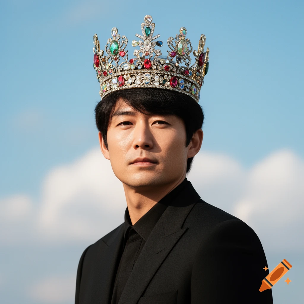 A man in a black suit and a colorful jeweled crown poses against a blue sky in a photorealistic portrait.