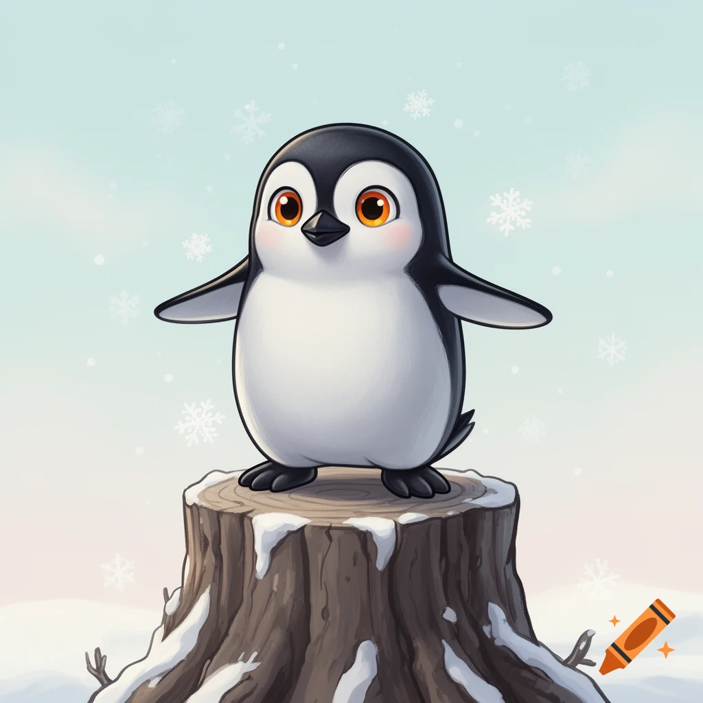 A cute cartoon penguin with orange eyes stands on a snow-covered tree stump, with snowflakes gently falling in the background.