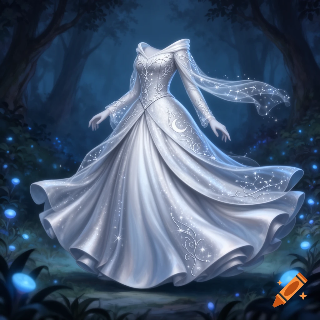 A shimmering silver fairytale dress with intricate patterns and a crescent moon emblem floats in a dark, magical forest.