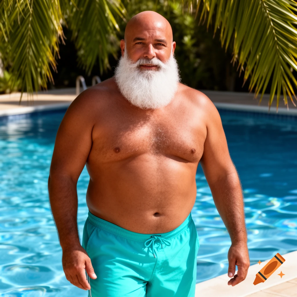 A bald, bearded man in turquoise swim shorts stands shirtless by a swimming pool with palm trees.