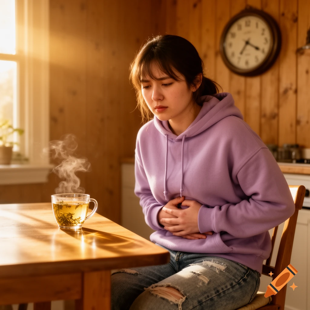 A young woman in a purple hoodie sits at a kitchen table, holding her stomach in pain next to a steaming cup of tea.