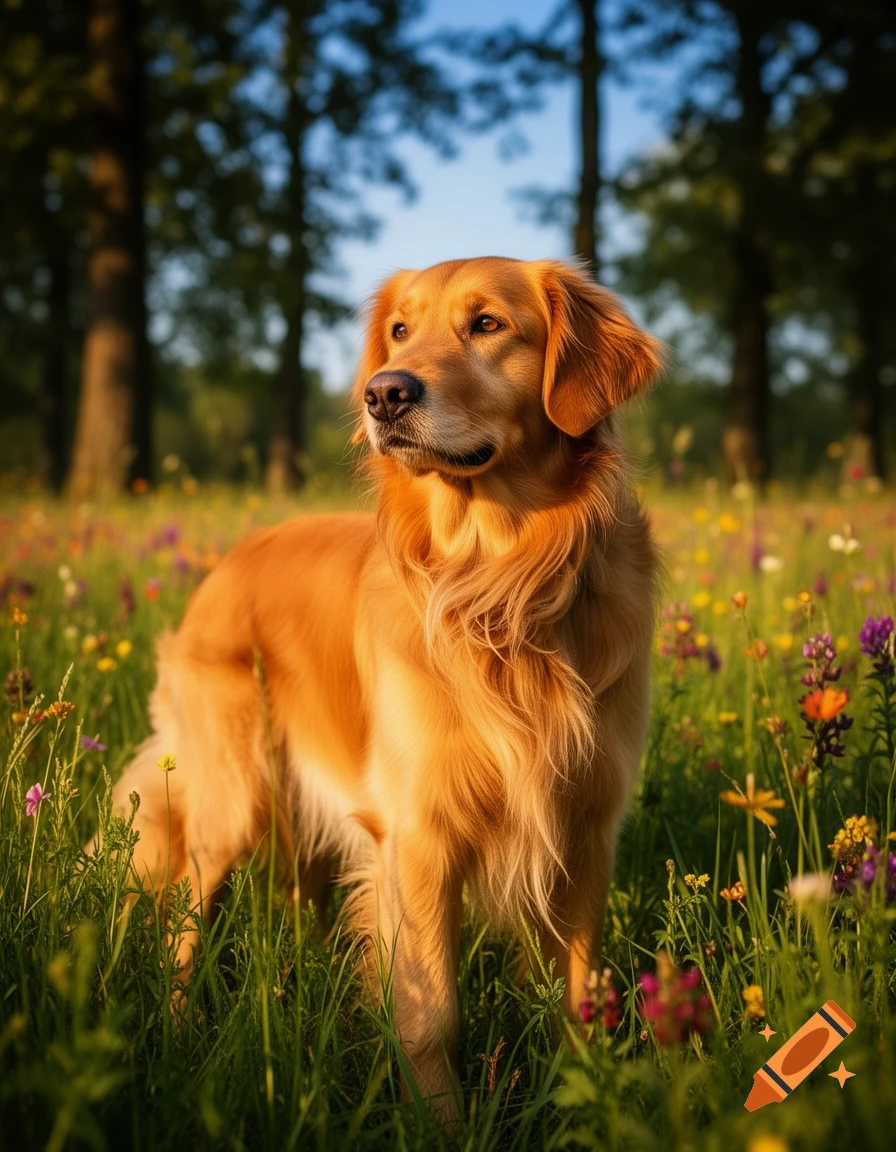 A golden retriever stands in a sunlit field of colorful wildflowers, with trees in the background.