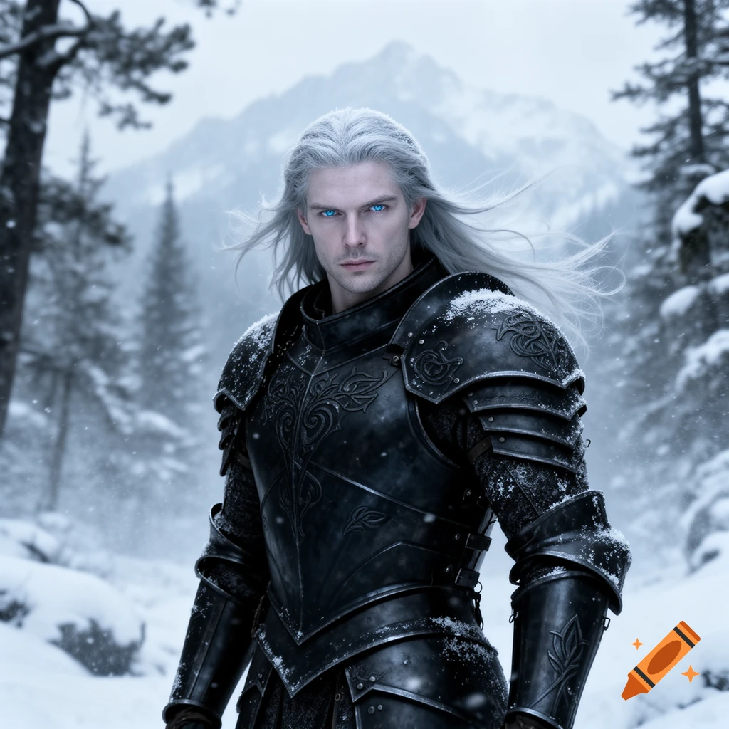 A photorealistic fantasy warrior with silver hair, ice blue eyes, and black armor stands in a snowy mountain forest.