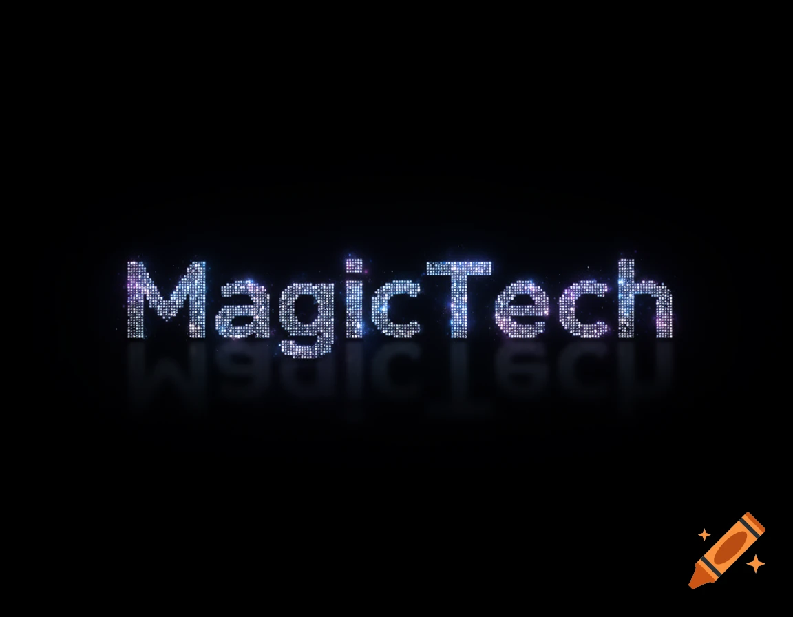 Pixelated, glittering iridescent text 'MagicTech' on a black background with a subtle reflection.
