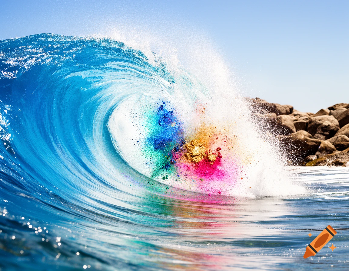 A vibrant blue ocean wave crashes, scattering a burst of colorful powder in shades of blue, green, gold, and pink into the air.