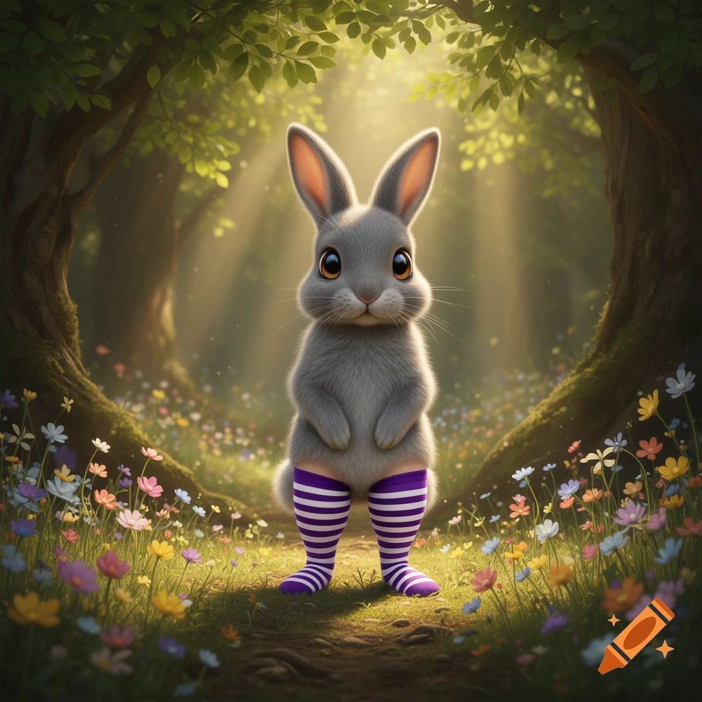 A cute, grey cartoon bunny standing upright, wearing purple and white striped thigh-high socks in a sunlit forest clearing with wildflowers.