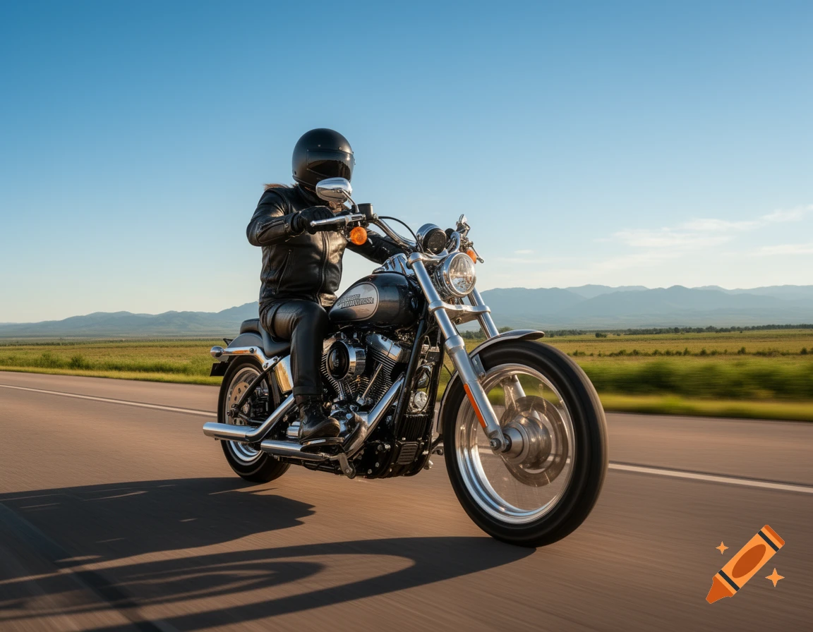 A person in a helmet and leather jacket rides a motorcycle on an open road with green fields and mountains under a clear sky.