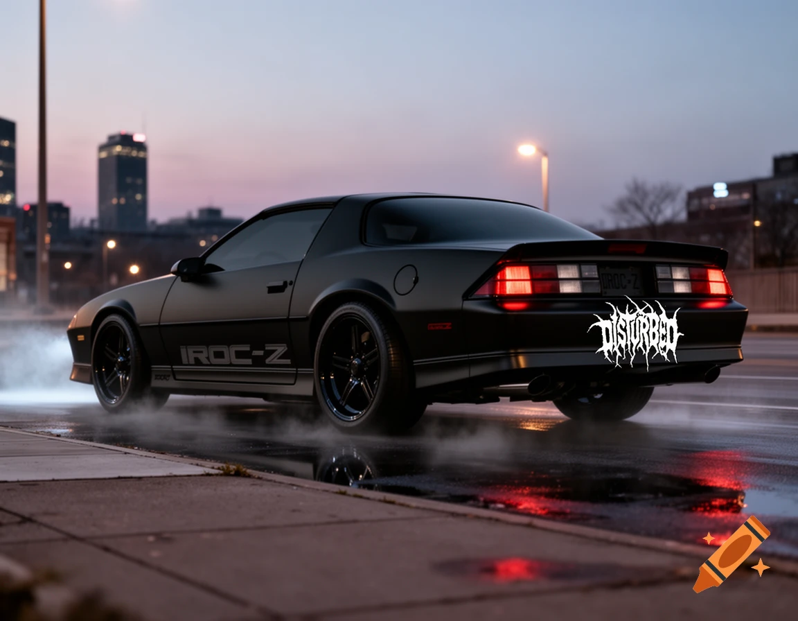 A black Chevrolet Camaro IROC-Z at dusk on a wet city street, with the Disturbed logo on the rear.