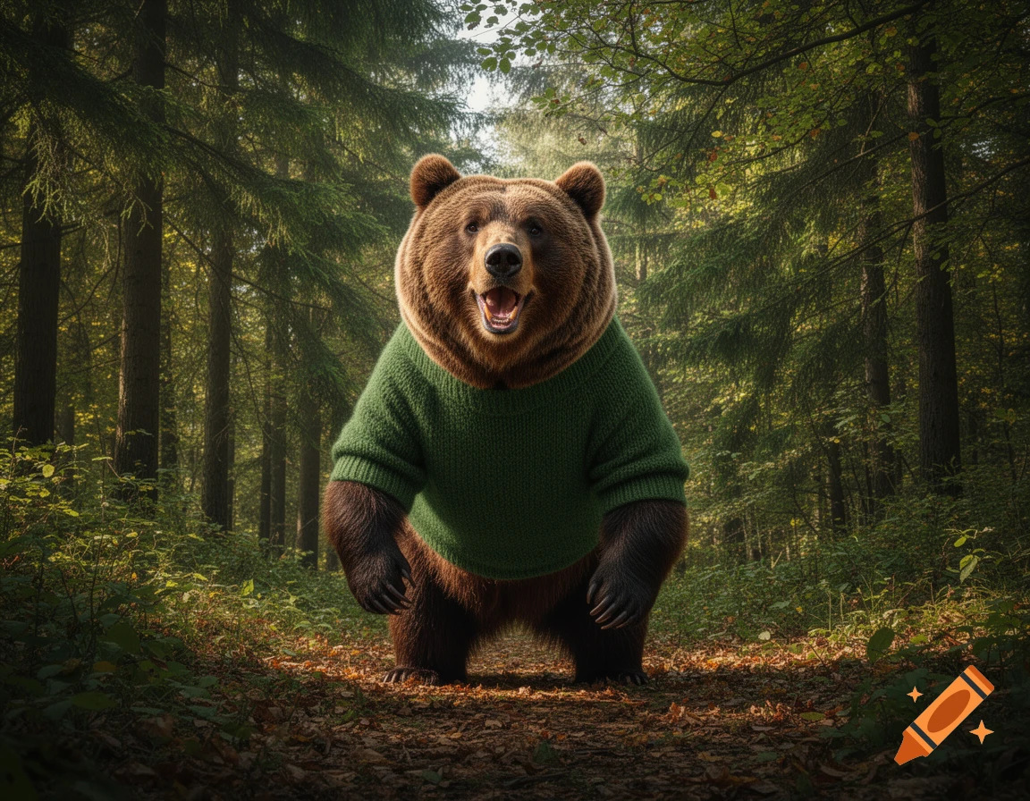 A happy brown bear in a green sweater stands on a forest path, looking at the viewer.