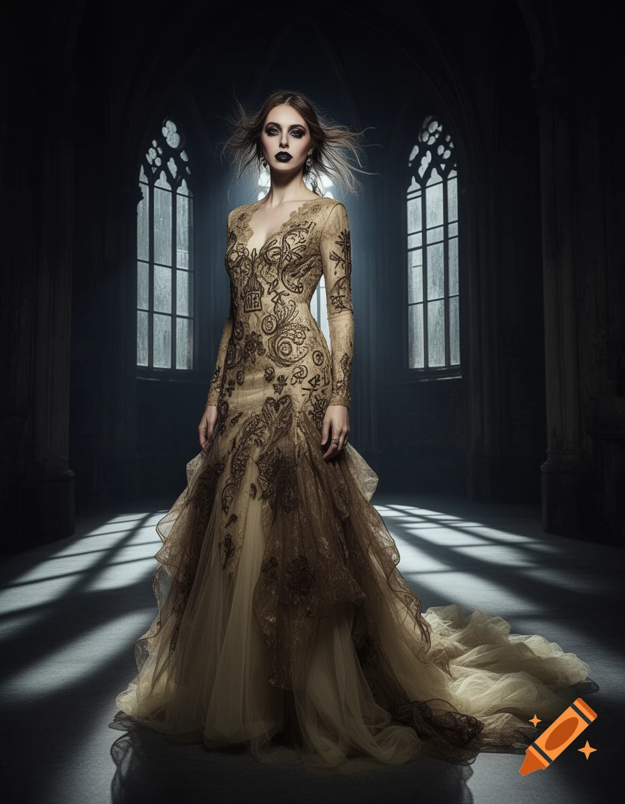 A woman in an elaborate gold and brown gothic gown stands in a dark hall with arched windows, light streaming through.