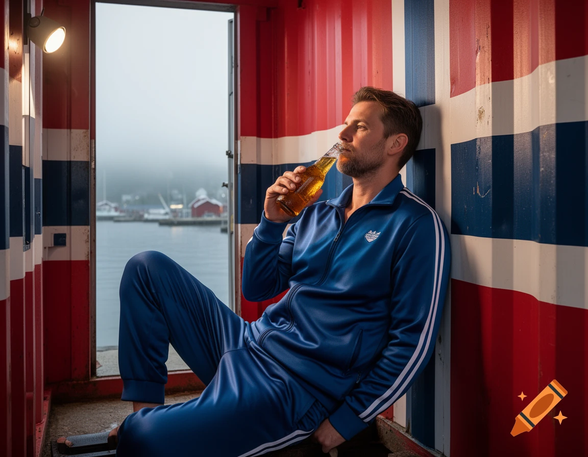 A man in a blue tracksuit drinks from a beer bottle while sitting inside a red, white, and blue container, looking out at a misty harbor.
