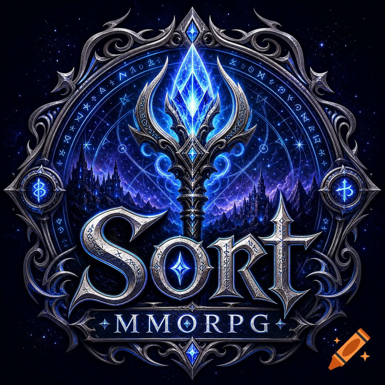 Ornate fantasy logo with a glowing blue crystal staff, castles, mystic runes, and the text 'SORT MMORPG' on a starry background.