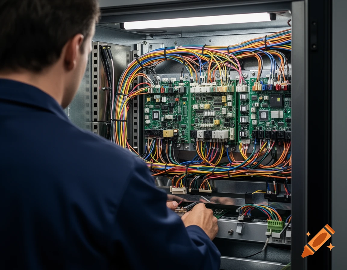 A technician works on intricate electrical wiring and circuit boards inside an industrial machine.