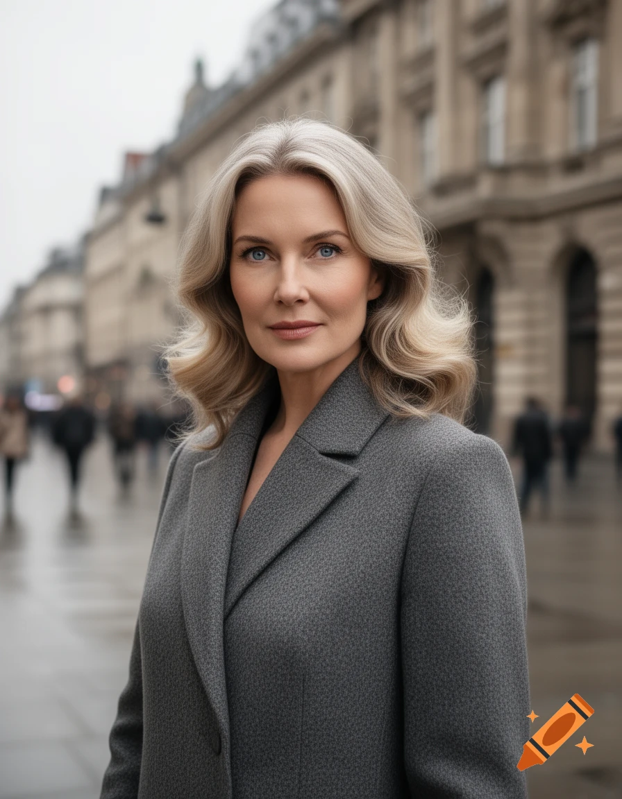 A woman with long wavy blonde and grey hair and blue eyes, wearing a grey coat, stands on a blurred city street.