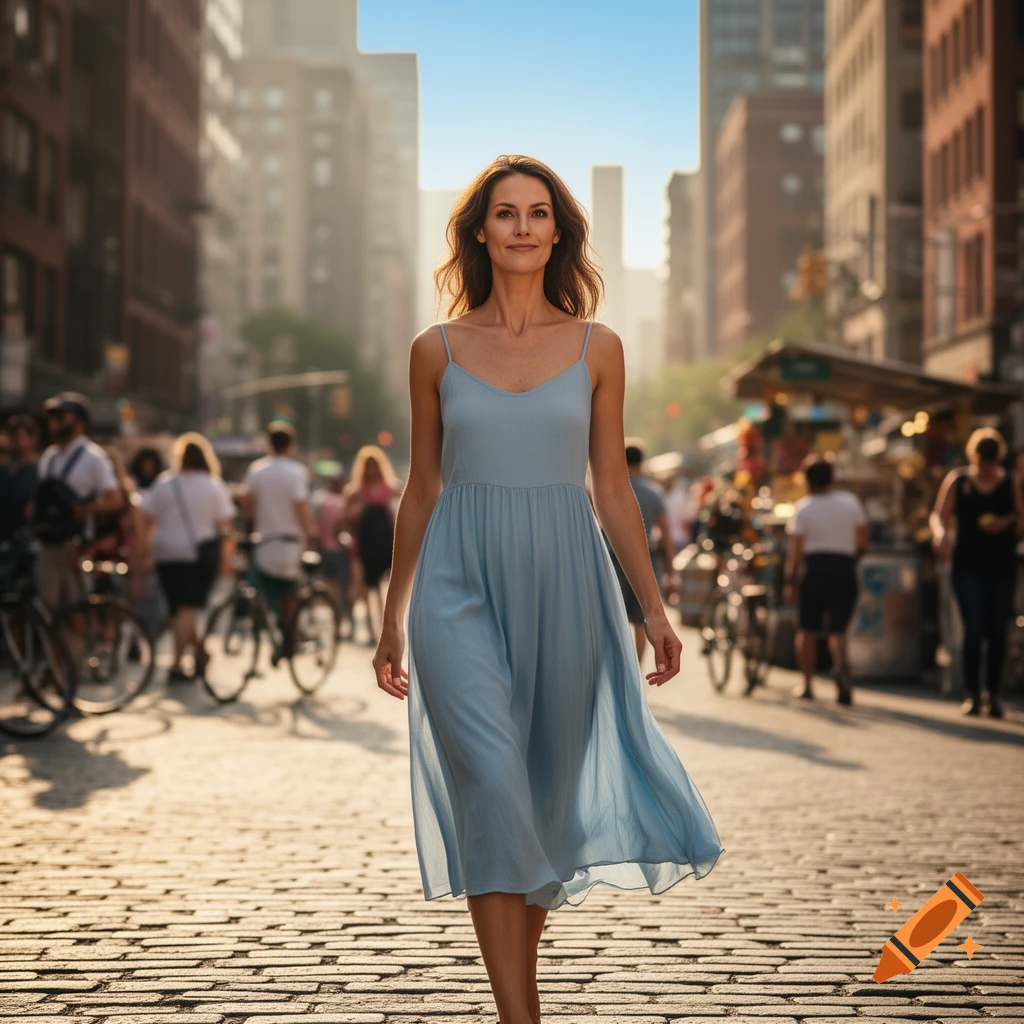 A woman in a light blue dress walks down a cobblestone city street with blurred background people and buildings under a clear sky.